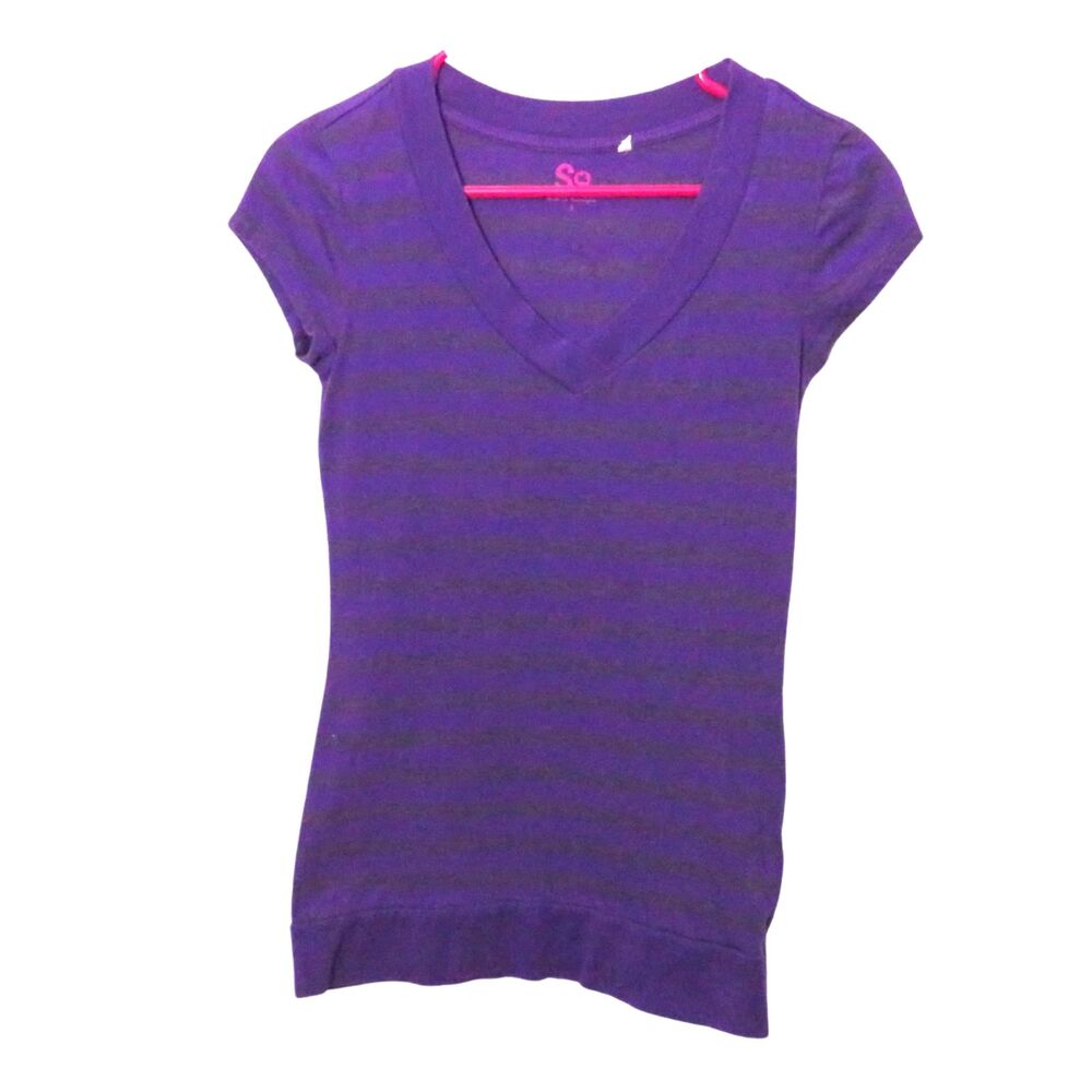 Pullover Shirt Women S Purple & Gray Striped V-Neck Cap Sleeves Slim Fit Top